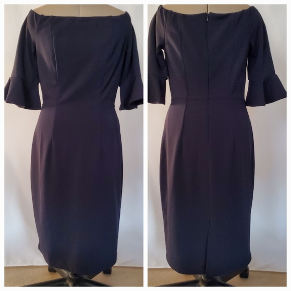 ABS Collection Navy Blue Bell Sleeve Off-Shoulder Sheath Dress 10 ✨ NWT - Picture 1 of 16